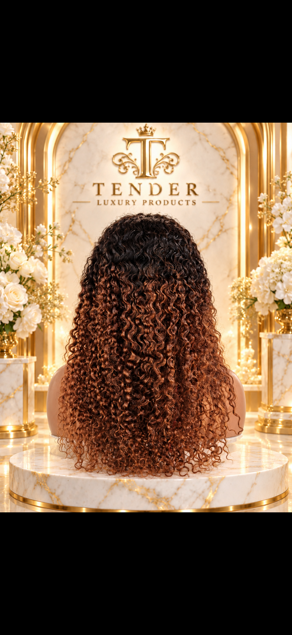 Back view of the raw pixie curly wig with dark roots and auburn-brown curls
