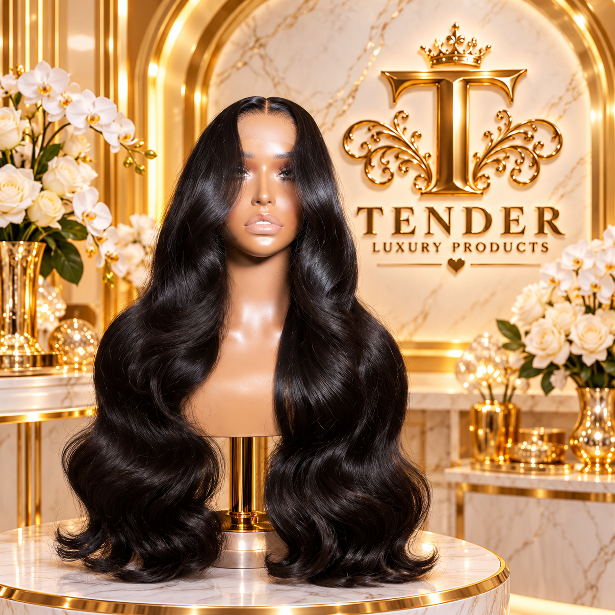 Long black body-wave wig displayed on a mannequin in a gold Tender Luxury Products salon setting